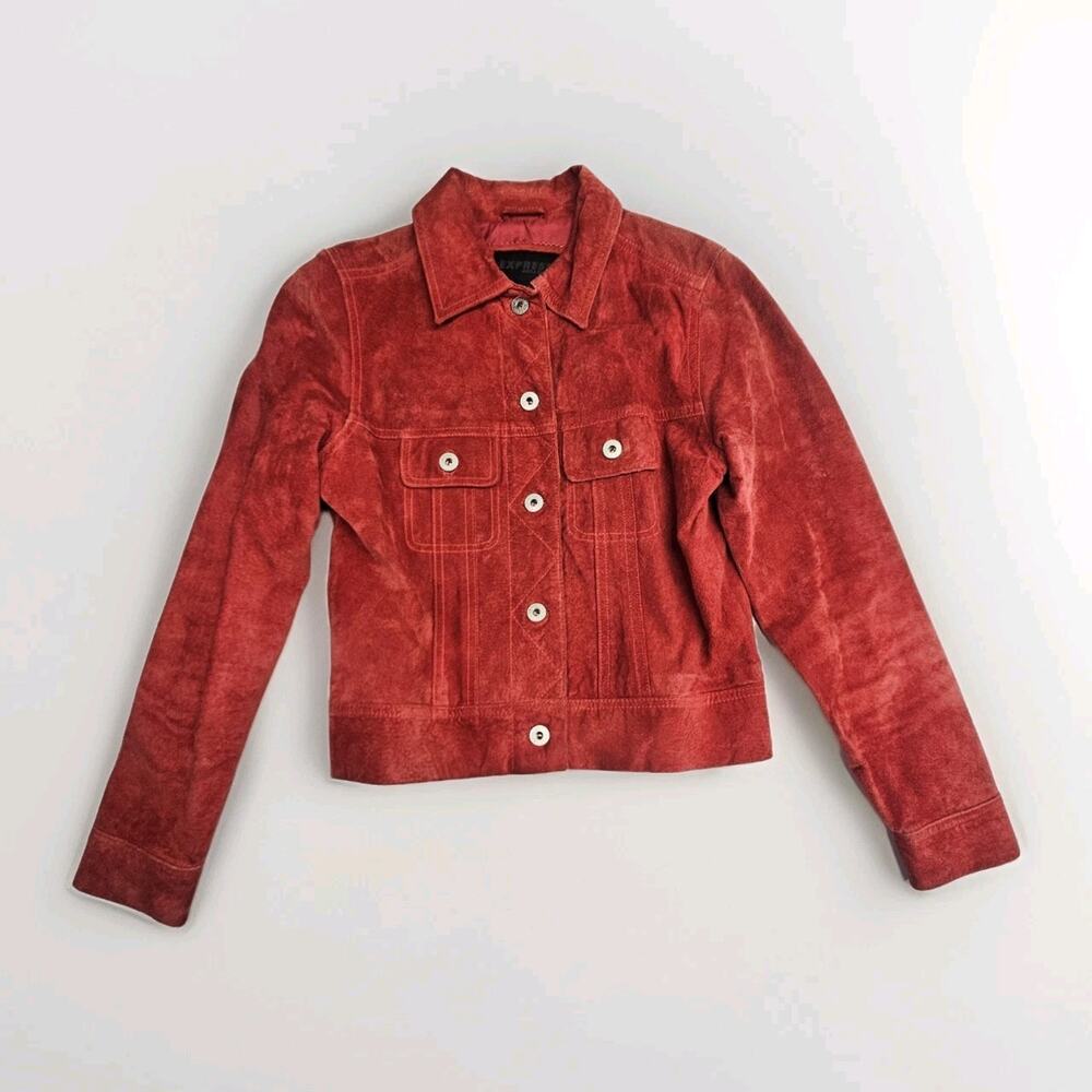 Vtg Y2K Express 100% Genuine Suede Moto Jacket Button Down XS Red Biker